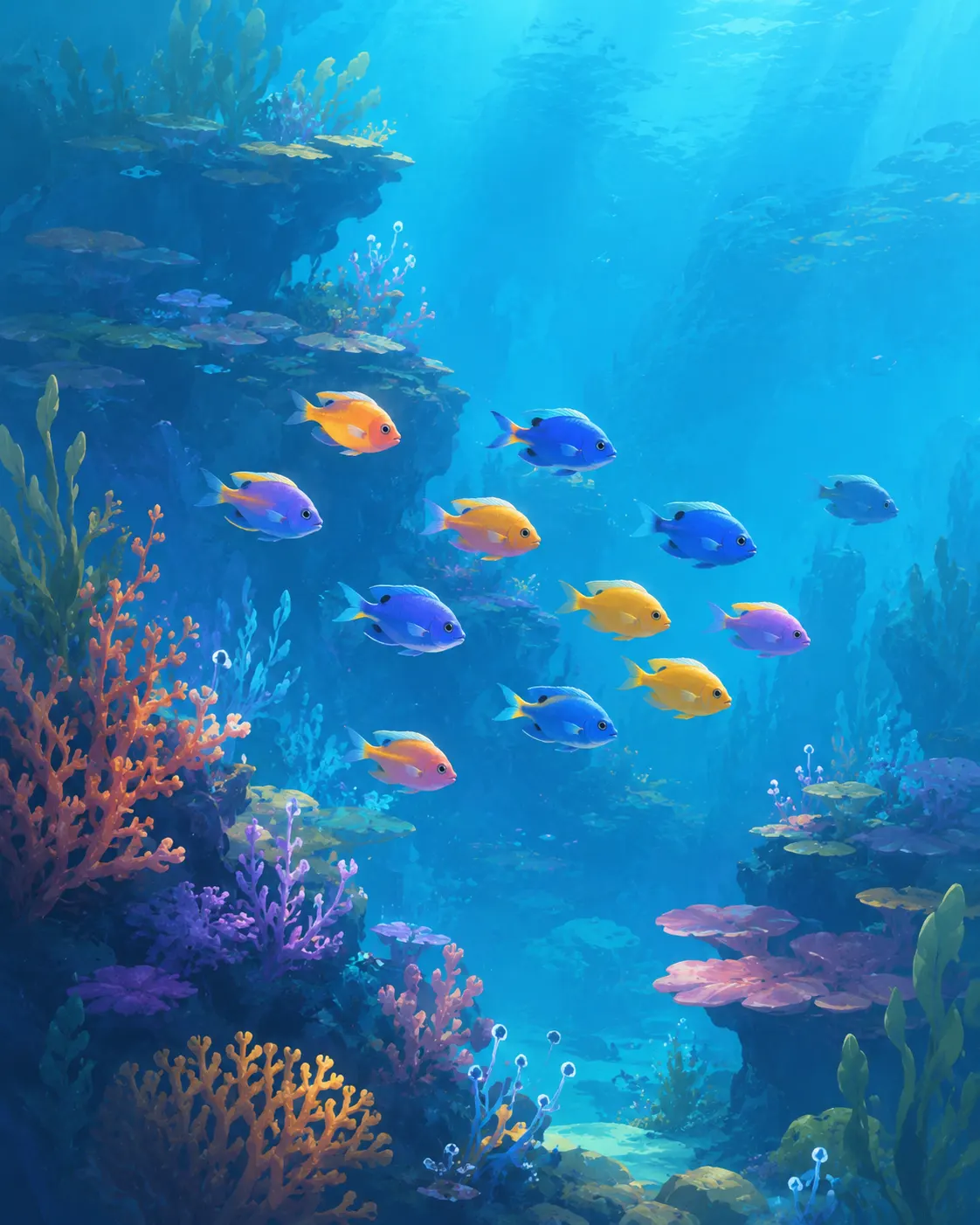 珊瑚礁間游動的熱帶魚群